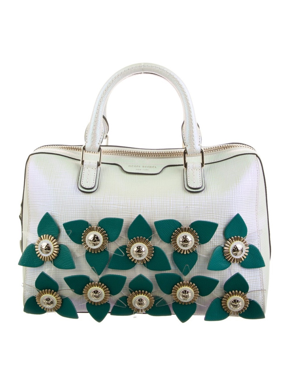 Henri Bendel RARE West 57th Iridescent Floral Applique Barrel Satchel Dusty NWOT